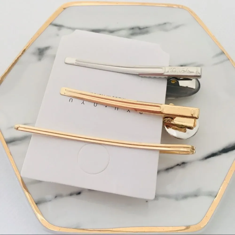 Set of 3 Pearl Gray Marble Gold Hair Pin Barrettes NWT